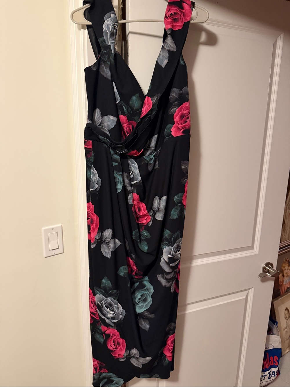 City Chic Black Maxi Dress with Pink & Gray Rose Print